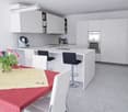 Modern kitchen with white cupboards, kitchen island with bar stools, integrated appliances, central lighting
