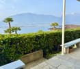 Outdoor seating area with benches, hedges, palm trees, lake view, mountains in the background