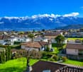 Suburban neighborhood with houses, green lawns, and a mountain range in the background