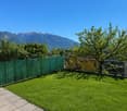 green lawn, green fence, trees, mountains in the background