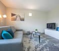 living room, gray couch, white table, TV on white entertainment center, picture frames, floor lamp, decorative plant