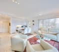 white leather couches, round glass table, white armchairs, rug, kitchen, dining area, trees