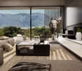 open plan layout, modern furniture, large windows with glass doors leading to balcony, open sea view