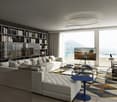 large white sofa, glass coffee table, large windows, large bookshelf, large TV, rug, view of mountains