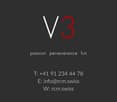 This is a contact information page for V3, providing phone, email, and website details.