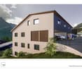 House with blue walls, white exterior, multiple windows, entrance with parking space, sloped driveway, 2 cars parked
