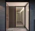 modern exterior, dark gray brick wall, polished grey stone steps, automatic sliding door