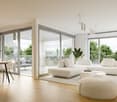Modern room, white and gray couch, white chair, table, lamp, plant, sliding door to balcony, hardwood floor