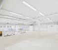 large white room, fluorescent lights, medical equipment, white walls and floors, windows
