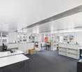 modern office space, all white shelves and desks, large windows, office chairs, grey carpet, some office supplies