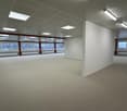 empty room with carpeted floor, white walls, ceiling with recessed lighting, windows with views to the outside