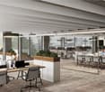 modern office space, multiple desks, chairs, meeting table, glass partitions, plants, trees, office equipment, large windows