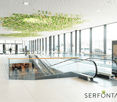 modern building, glass walls, escalator, tiled floor, decorative ceiling