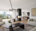 Spacious open-concept living room with large windows overlooking a garden, modern fireplace, gray sofa, coffee table, and dining area with chairs