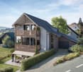 2-story house with a gable roof, gray exterior walls, and a wooden balcony. The house has a garage and is surrounded by landscaped gardens and trees.