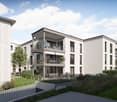 Modern apartment building with balconies, landscaped garden, and outdoor seating area