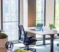 Modern office space with large windows, adjustable desk, office chair, laptop, and potted plants