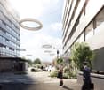 Contemporary architectural design with sleek buildings, modern outdoor walkways, large hanging lamps, greenery and trees, bustling people