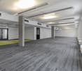 Empty room, white walls, gray carpet, windows, doors, ceiling lights