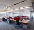 modern office space with desks, chairs, computers, large windows, carpeted floor, ceiling lights