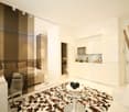 white furniture, modern style, flat screen tv, glass top table, rug, glass wall