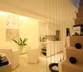 Minimalist living room with white furniture, beige carpet, white couch, glass table, a small flower vase, a white table, a white chair, a statue of Buddha, and a staircase leading to the next floor.