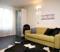 living room with yellow couch, black-and-white rug, laptop on couch, full-length mirror, windows with curtains, and closet