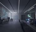 Dark, modern office space with high-tech digital displays on the walls, desks with computers and gaming equipment, and a sleek, minimalist design.