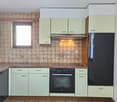 modern kitchen with white tiles, black stove, black refrigerator, green cupboards, dishwasher, wooden countertop