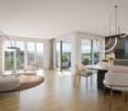 Open floor plan, large windows, balcony, modern furniture, pendant lighting