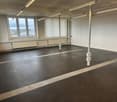 Empty room with white walls, black floor, windows, radiators, and ceiling lights