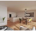 Open-plan kitchen-dining room, wooden floor, white walls, center island, chandelier, table and chairs, TV, white cabinetry, living room area with sofa