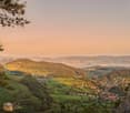 Scenic landscape with rolling hills, dense forest, small village, clear sky