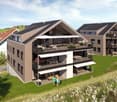 Modern apartment building with multiple balconies, green surroundings, and a view of the hills