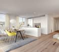 modern design, dining area with dining table and chairs, living area with sofa, coffee table, and wooden floor, kitchen with white cabinets, and large windows