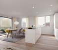 open kitchen and dining area with balcony