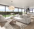modern living room, white sofa, wooden coffee table, large windows, white rug, decorative lamp
