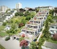 Multiple story building complex with terraced gardens on each floor, balconies, garage, surrounding trees, plants
