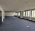 Large open office space with gray carpeted floor, white walls, and large windows providing natural light. The space appears to be empty and ready for use.