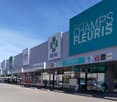 Large shopping center with several stores visible, 'Benu' pharmacy, 'Champs Fleuris' signage, glass storefronts, outdoor parking area, people walking outside