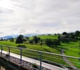 green grass, trees, houses, mountains, cloudy sky