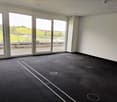 empty room, large glass doors, black carpet, white walls, view of a green field