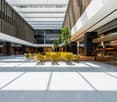Spacious open space, modern design, marble floors, yellow furniture, tall ceilings, windows and doors