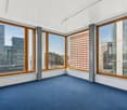 Wide, bright office space with windows and a blue carpeted floor