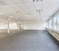 Large open office space with white walls, gray carpeted floor, suspended ceiling with recessed lighting, and large windows providing natural light.
