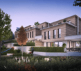 multi-family house, brown wood siding, modern design, large windows, fenced garden, balcony, dog walk area, exterior lighting
