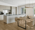 contemporary open plan kitchen, large wooden dining table, integrated appliances, large sliding windows