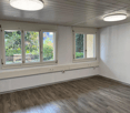 wooden floor, large windows, two lamps, view to outdoor
