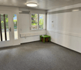 empty room, double doors, windows, table, ceiling light