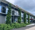 modern building, glass windows, metal railings, green plants, entrance with steps